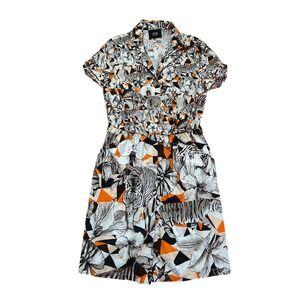 Roberto Cavalli animal print floral button up collard shortsleeve midi dress
